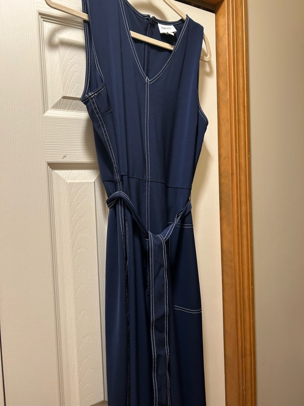 Nine West Navy Sleeveless V-Neck Jumpsuit with Contrast Stitching